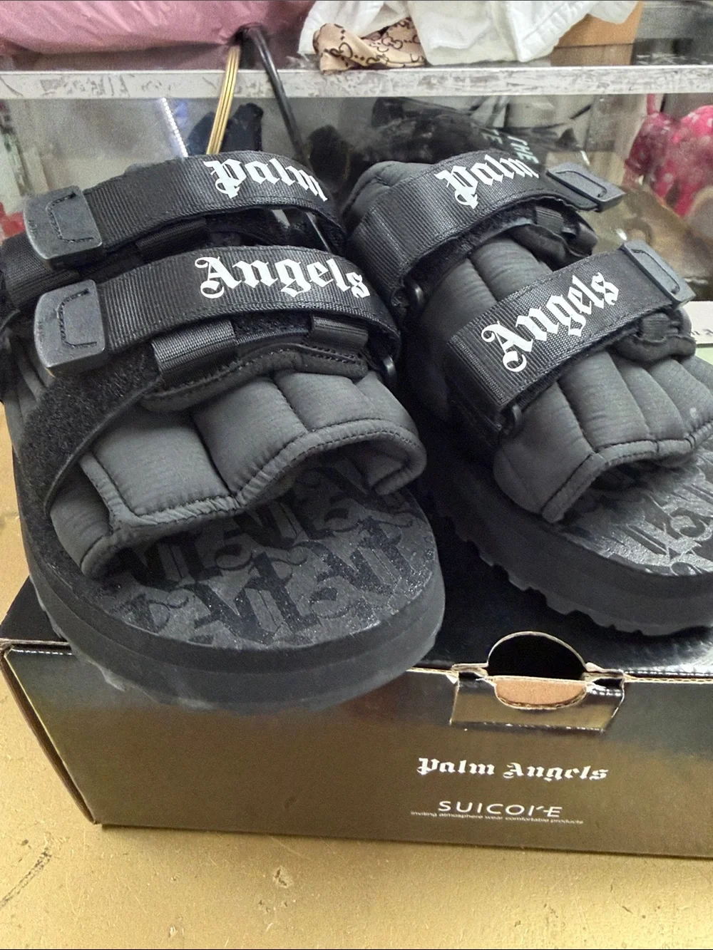Palm Angels Kids Black Quilted Strap Slide Sandals